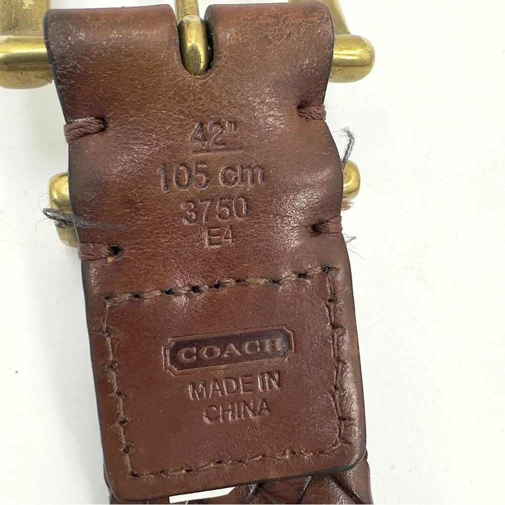 Coach Brown Leather Belt Mens 42 Woven Braided Classic Logo Brass Buckle Brown